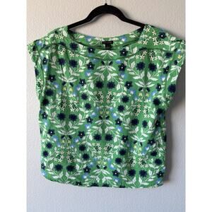 Ann Taylor Women’s Green/Blue Floral Linen Blend Cap Sleeve Blouse Size M Whimsy
